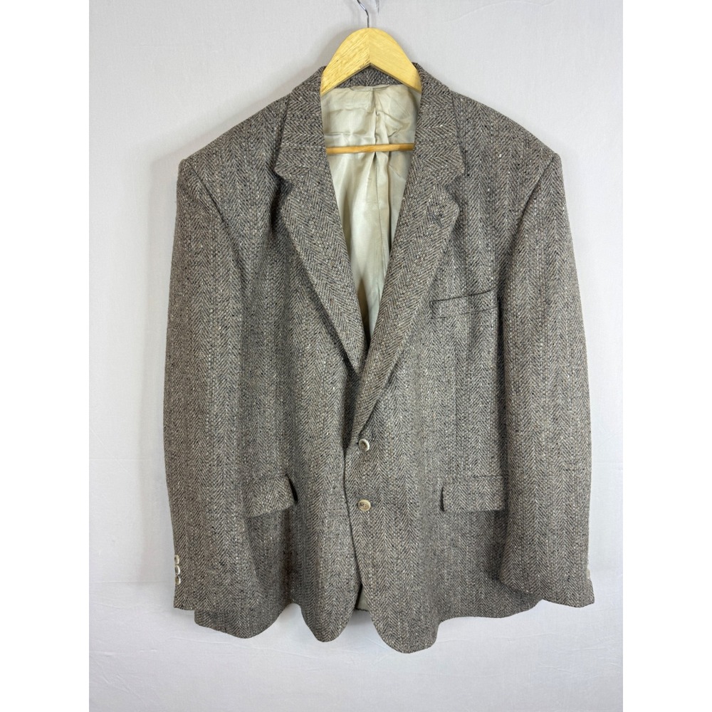 Vintage London Fog Mens 54 Grey Herringbone Pure Wool Blazer Sport Coat